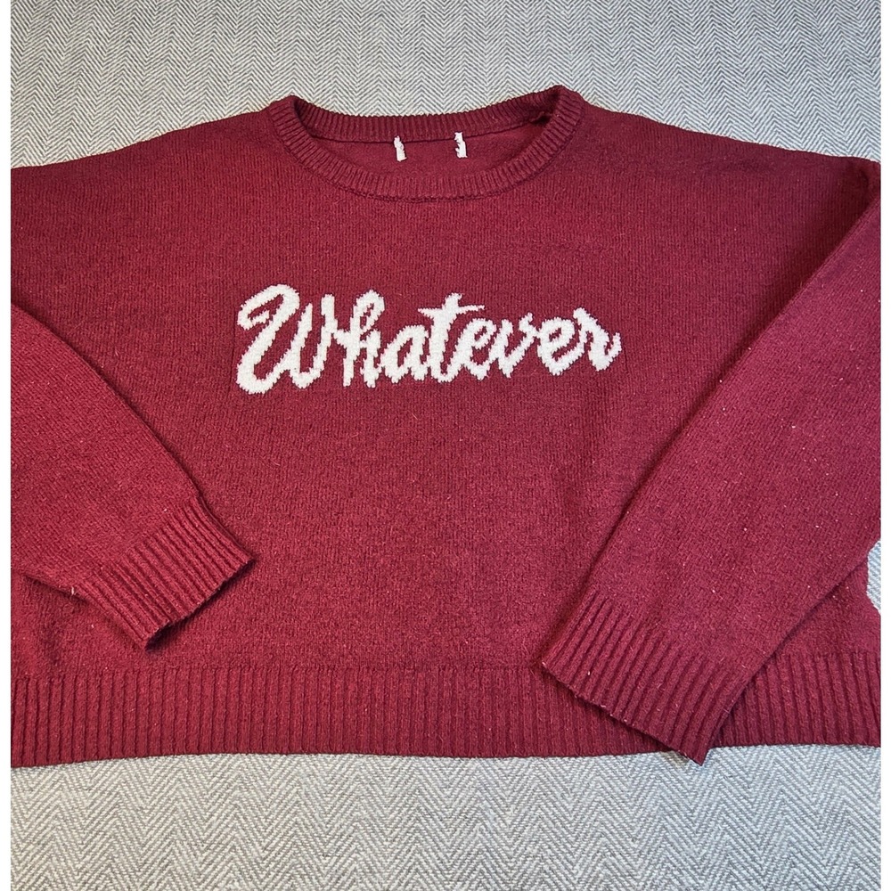 Wild Fable Whatever Graphic Cropped Sweater Burgundy XL Relaxed Crew Neck